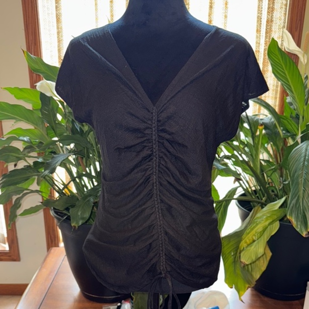 Max Studio Black Cap Sleeve Ruched Blouse